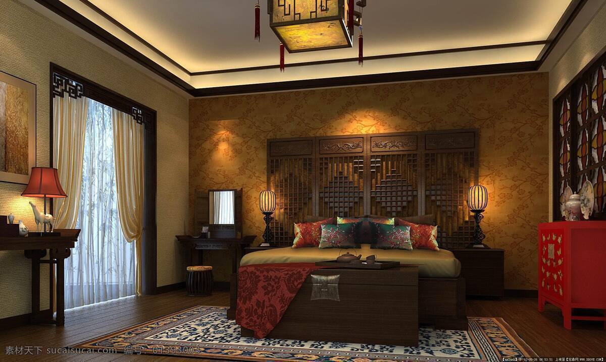 新 中式 主人 房 3d设计 背景墙 吊灯 复古 木地板 卧室 装饰素材