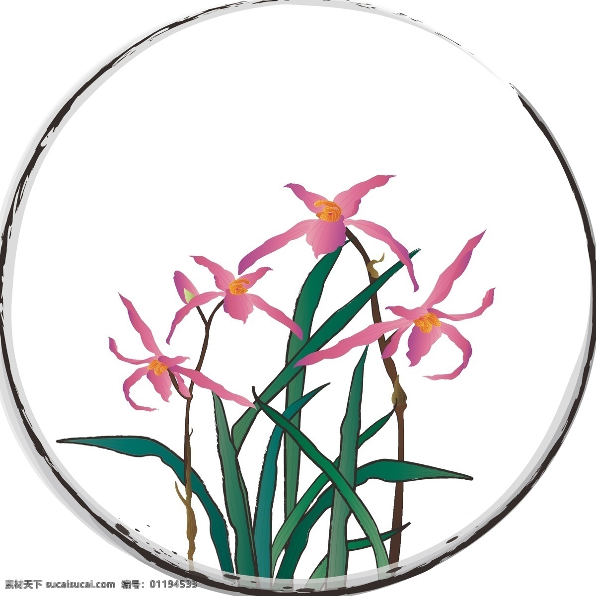 手绘 水墨 中国 风 兰花 花卉 植物 圆形 边框 元素 中国风 圆形边框 水墨边框