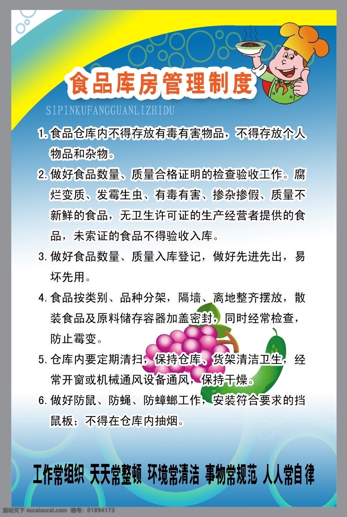 食品 库房 管理制度 食堂五常法 卡通 水果 宣传栏 矢量 食堂 五常 分层 源文件