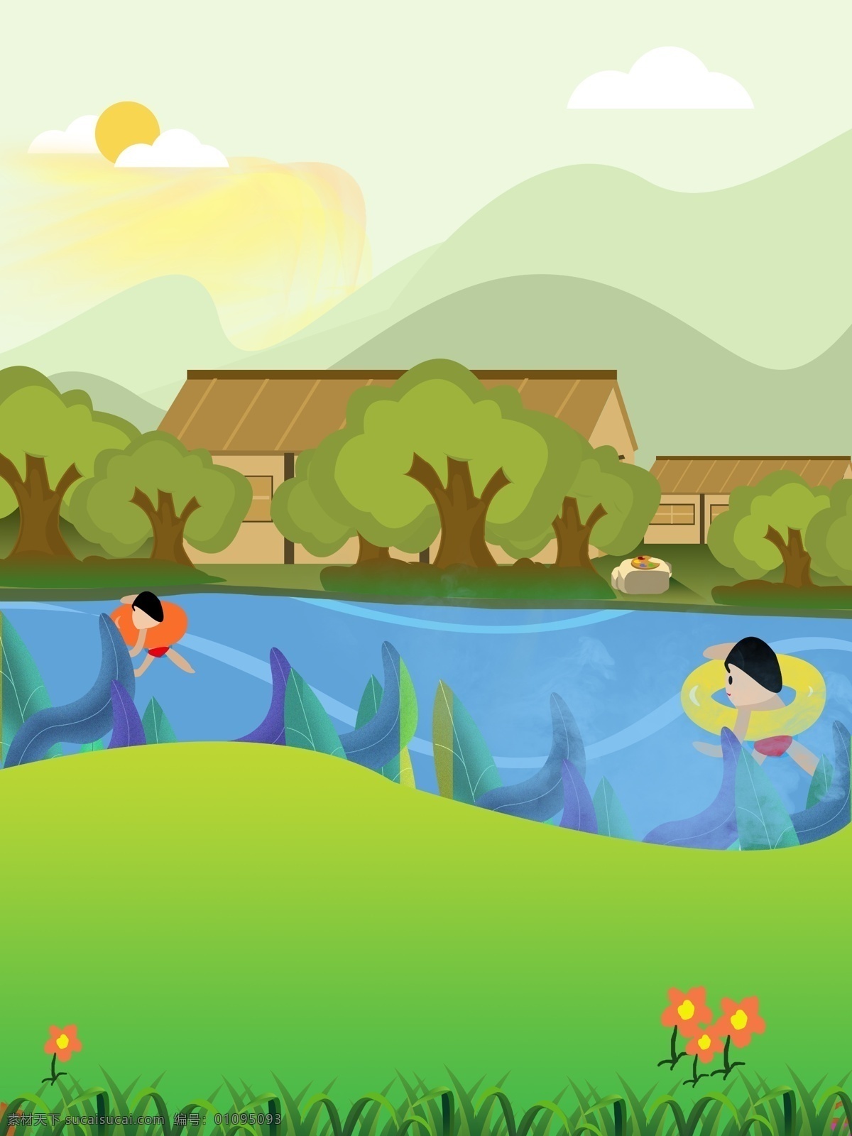唯美 清新 三月 河边 儿童 游泳 插画 背景 广告背景 清新背景 手绘背景 卡通背景 游泳插画 河边风景背景 绿树