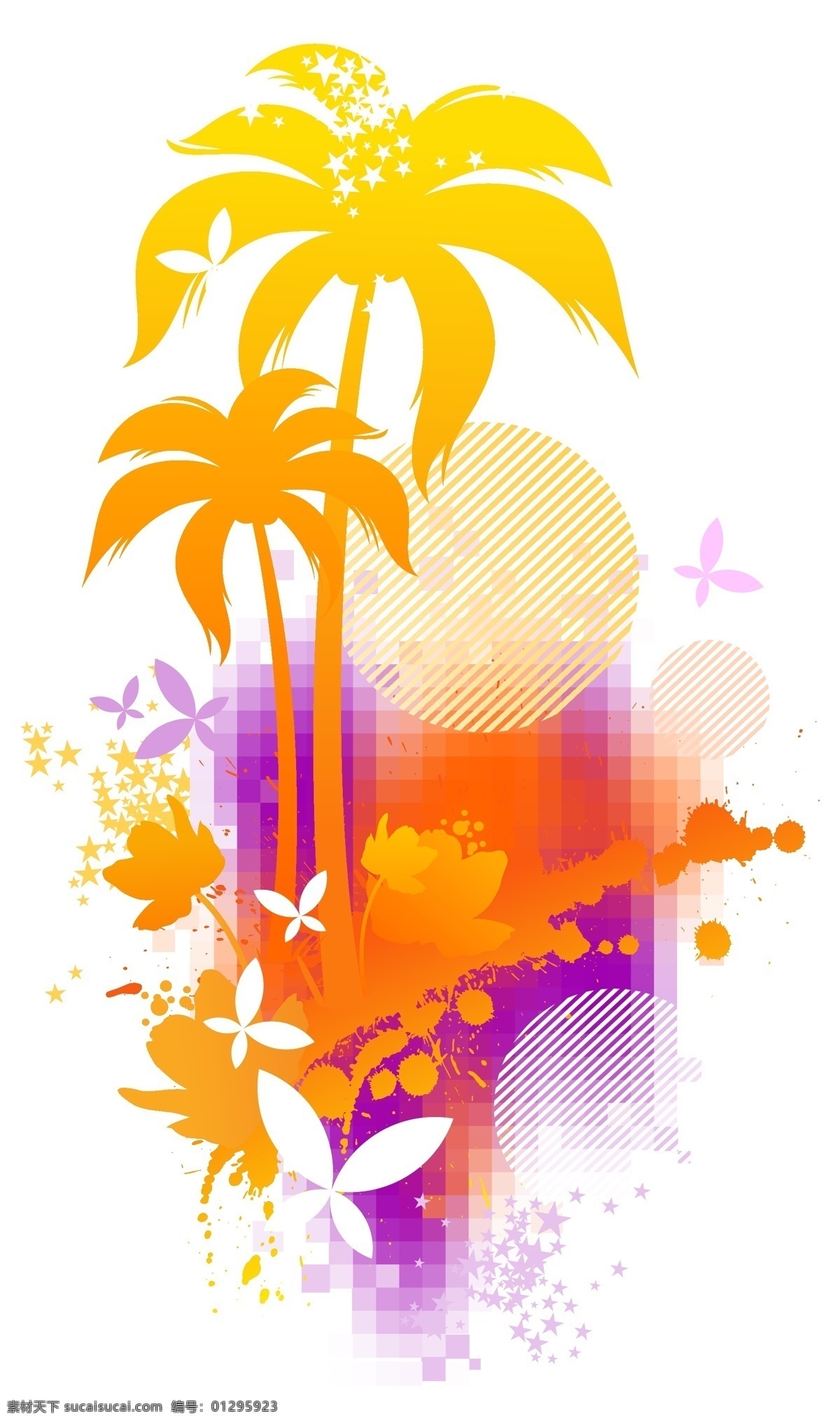 橙色 矢量 椰子树 海滩 阳光 蝴蝶 装饰图案 设计元素 高清 活动