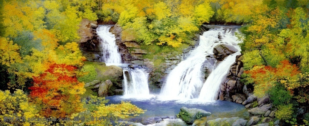 林中 瀑布 油画 装饰画 白色 瀑布激流 黄绿交加树林 湿冷 秋意浓