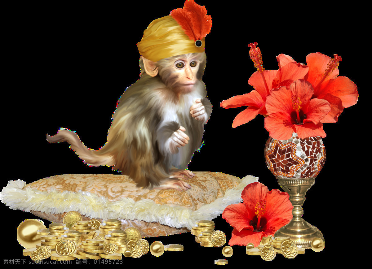 水彩 彩绘 阿拉丁 版 猴子 透明 红色 金色 花朵 花瓶 透明素材 免扣素材 装饰图片