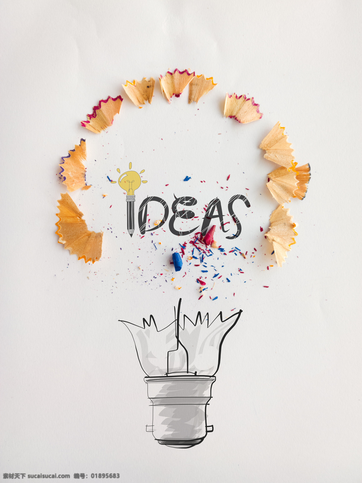 idea 创意设计 ieda 创意 手绘 铅笔屑 商务 商业 好创意 好点子 创新 灯泡 白炽灯