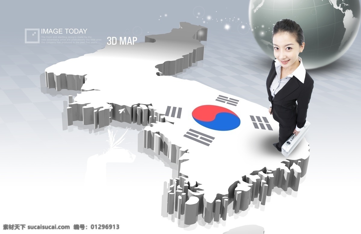 站 立体 地图 上 职场 美女 分层 韩国素材 创意设计 国际贸易 立体地图 商务 笑容 手提箱 韩国国旗 太极旗 白色