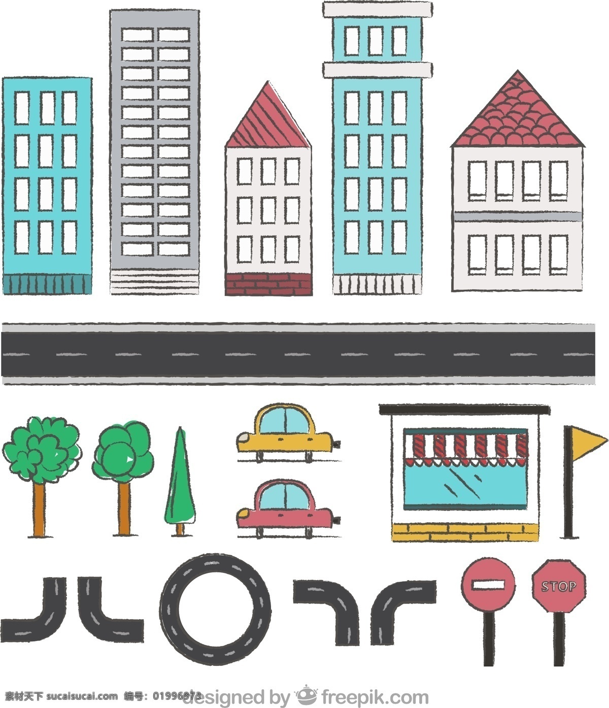 建立 一个 资源型 城市 元素 城市元素 卡通城市 马路 树木 汽车 楼房 旗子 白色