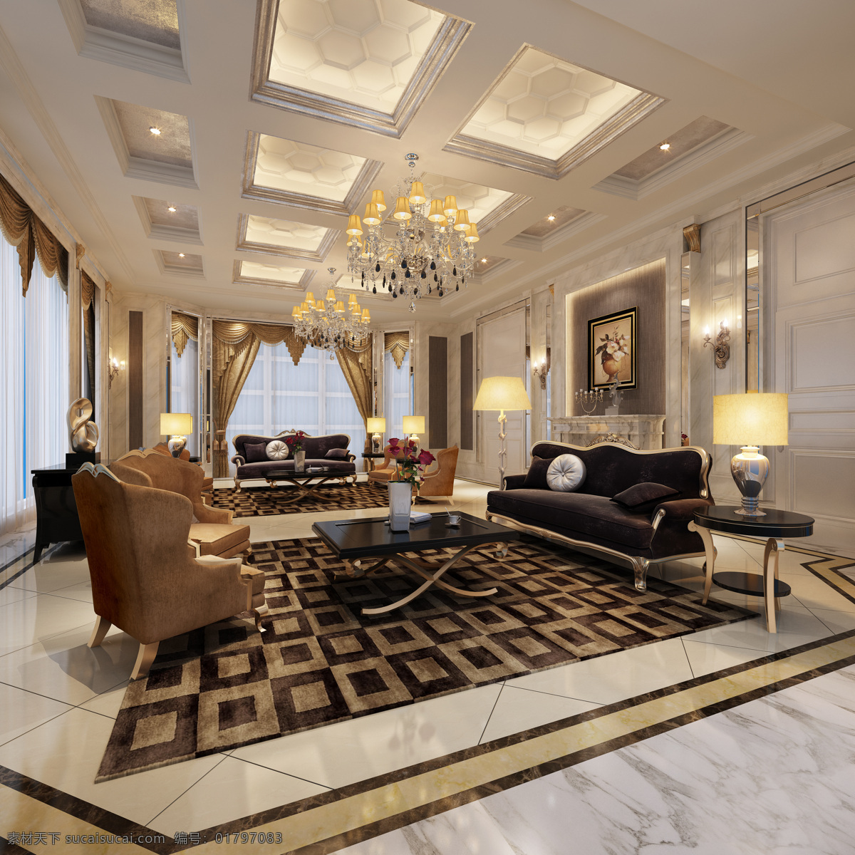 欧式客厅 欧式 客厅 灯饰 沙发 吊顶 瓷砖 室内 3d设计