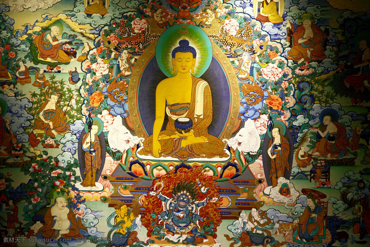 壁画 藏传佛教 佛教 佛像 菩萨 唐卡 文化艺术 释迦摩尼唐卡 释迦摩尼 万佛朝宗 大日如来 喃无阿弥陀佛 罗汉 宗教信仰