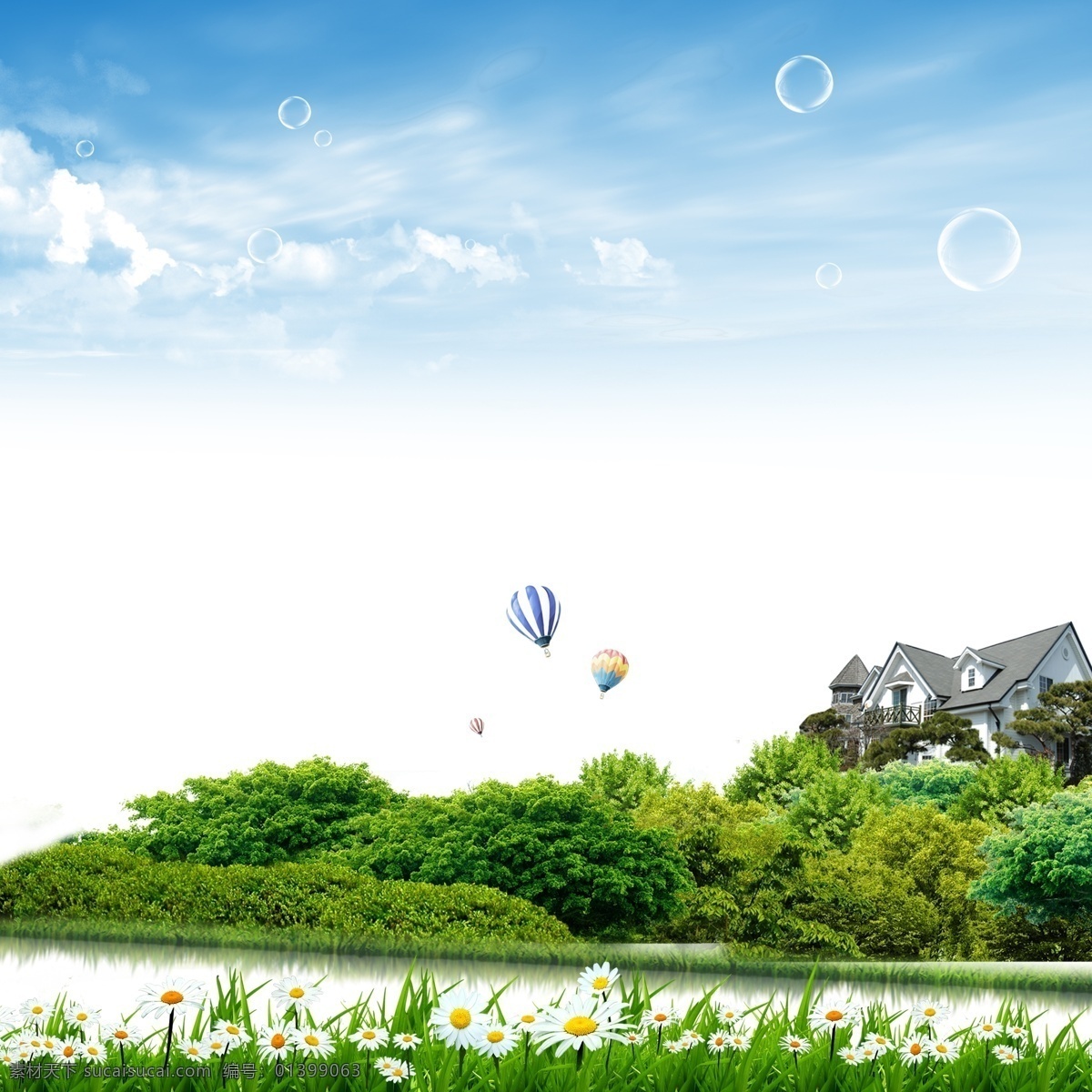 唯美 绿化 背景 花草 森林 别墅 热气球 蓝天白云