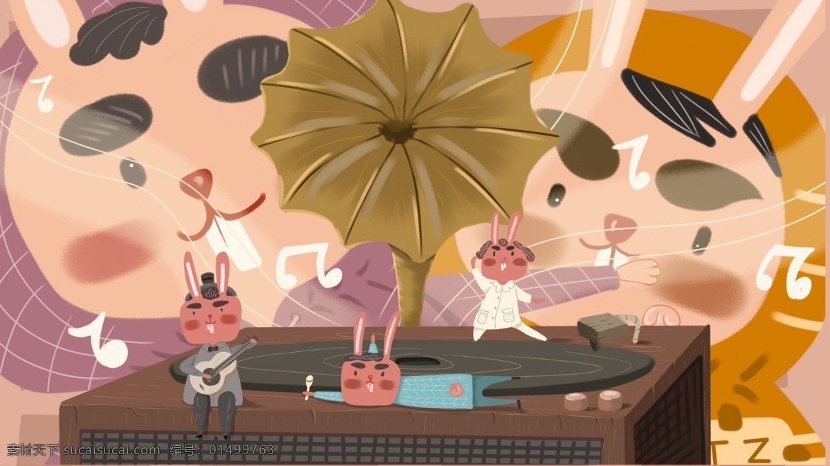 可爱 兔子 奇妙 音乐会 童话 壁纸 插画 原创 奇幻 复古音箱