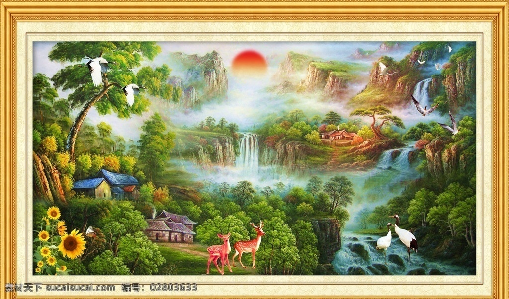 油画风景 中堂画 油画 壁画 风景壁画 风景山水壁画 山水画 瀑布 山水风景 瀑布风景 山水 风景画 自然风景 风景 客厅画 大厅画 风水画 家居装饰画 室内装饰画 室内装饰 休闲场所装饰 画框 相框 镜框 边框 山水挂画 山水壁挂 大树 天鹅 小屋飞鸟 太阳 雪山 湖光山色 蓝天 白云 仙鹤 中堂壁画 分层 源文件