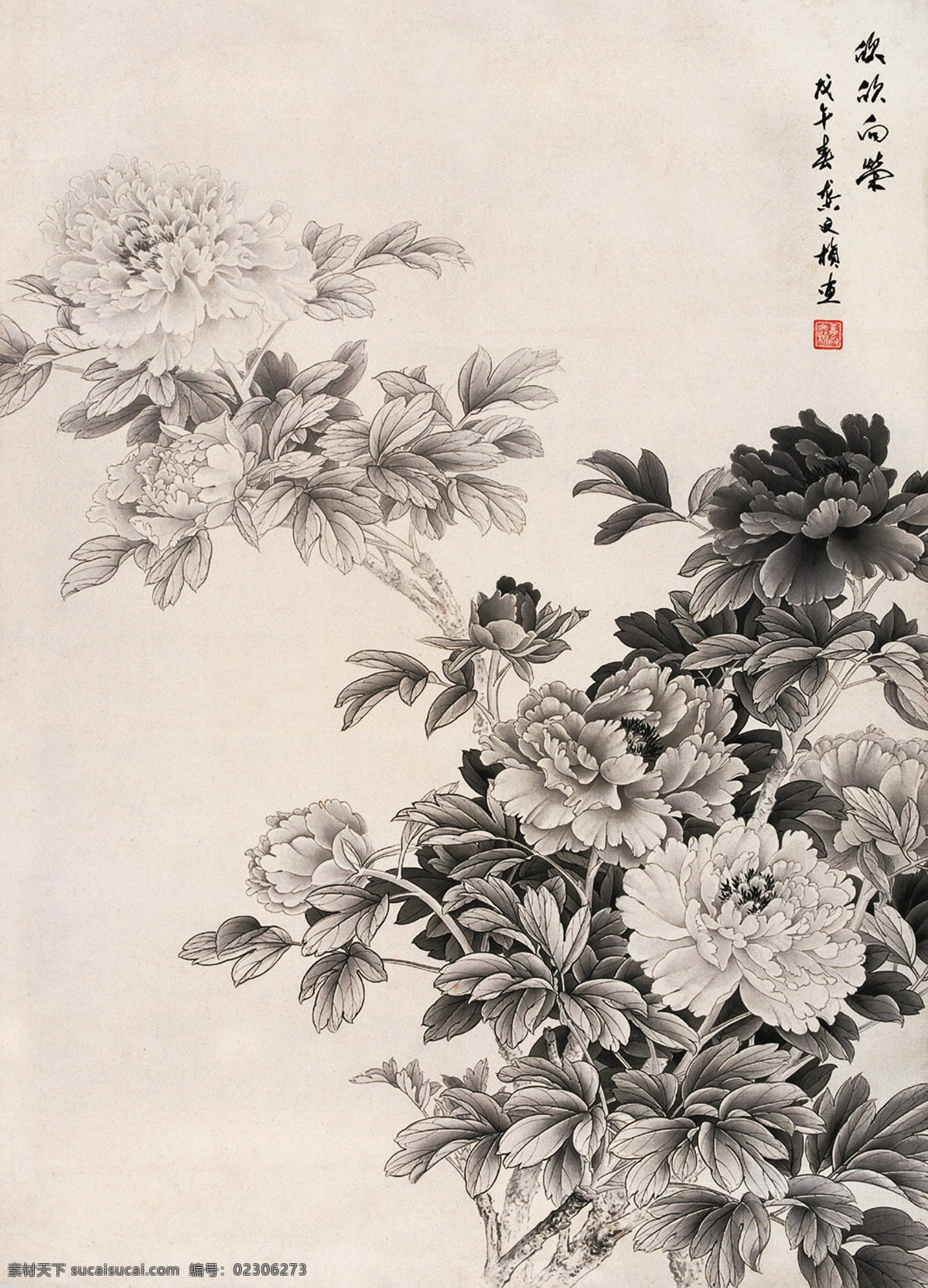 欣欣向荣 龚文桢 中国 国画 花鸟 水墨 牡丹 花朵 黑白 单色 当代中国画 绘画书法 文化艺术