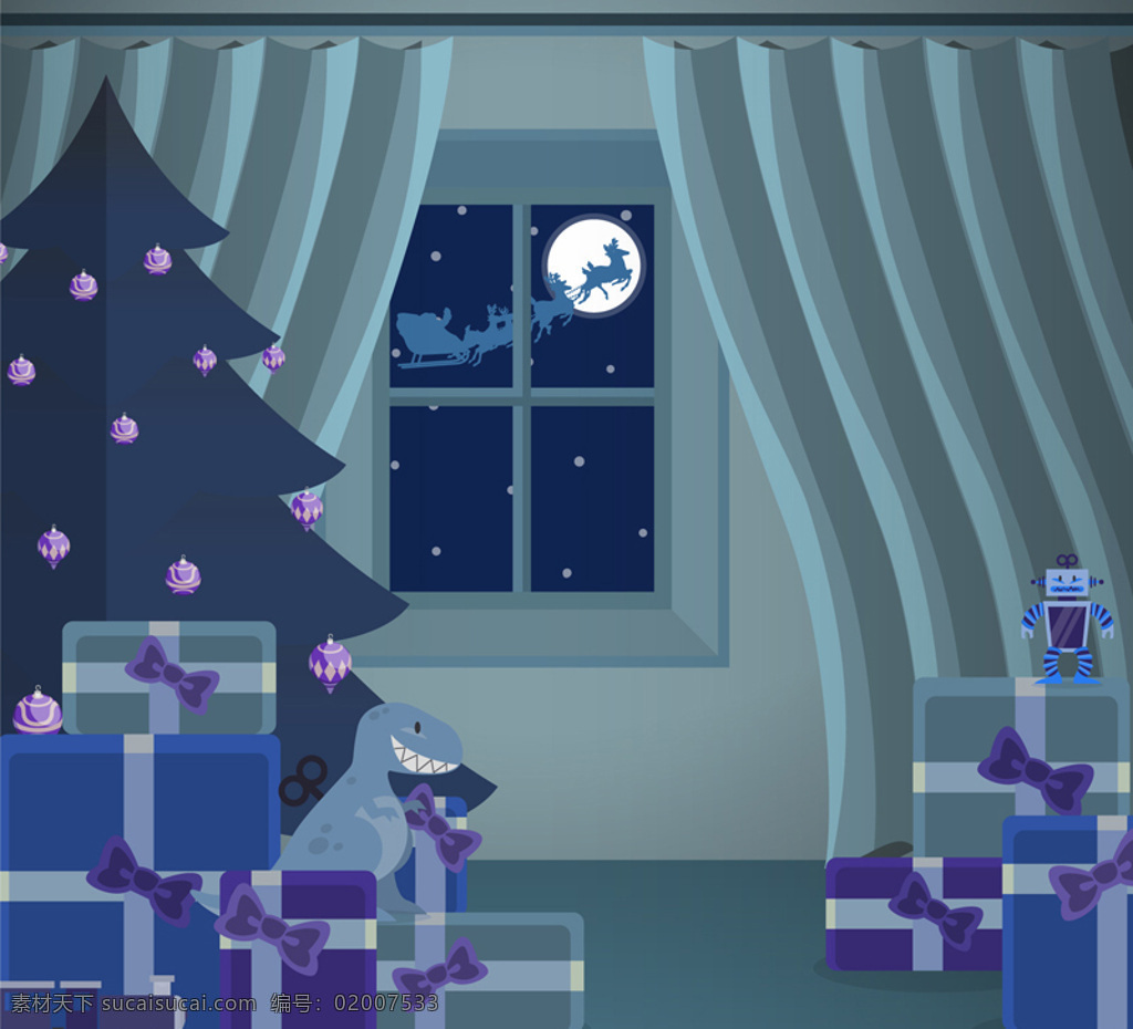 圣诞 夜 卧室 插画 圣诞节 夜晚 雪橇车 圣诞老人 蓝色