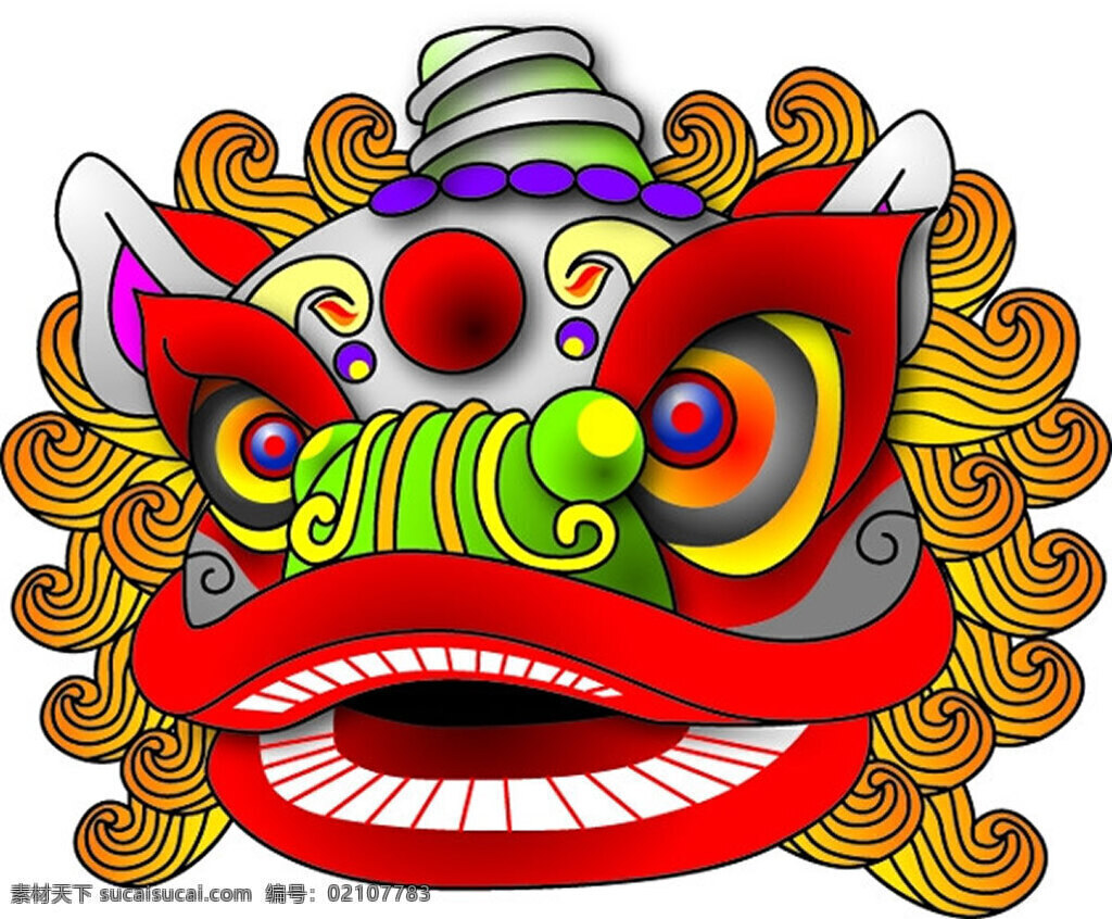 彩色舞狮子头 元宵节 舞狮子 狮子头 彩色狮头 中国传统节日 中国传统风俗 矢量素材 白色