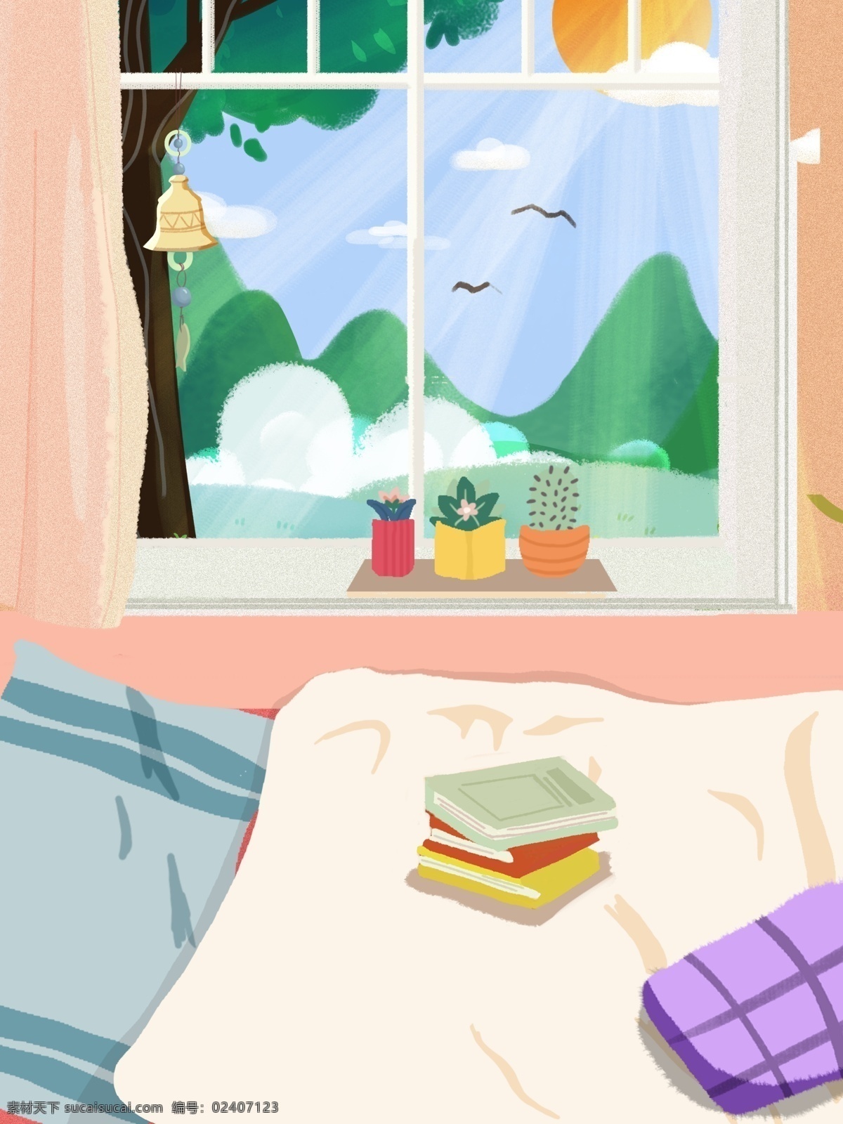 清新 手绘 家居 卧室 背景 春季 盆栽 铃铛 春天背景 广告背景 psd背景 背景展板 特邀背景 促销背景 背景展板图 背景图