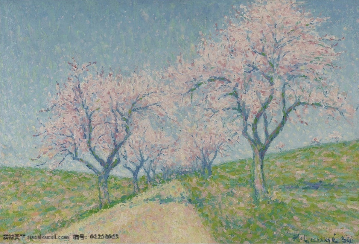 lauge 印象派 风景 自然 田园 油画 装饰画 1934 法国 画家 希尔 拉格 achille bloom almondtrees by boarding road the