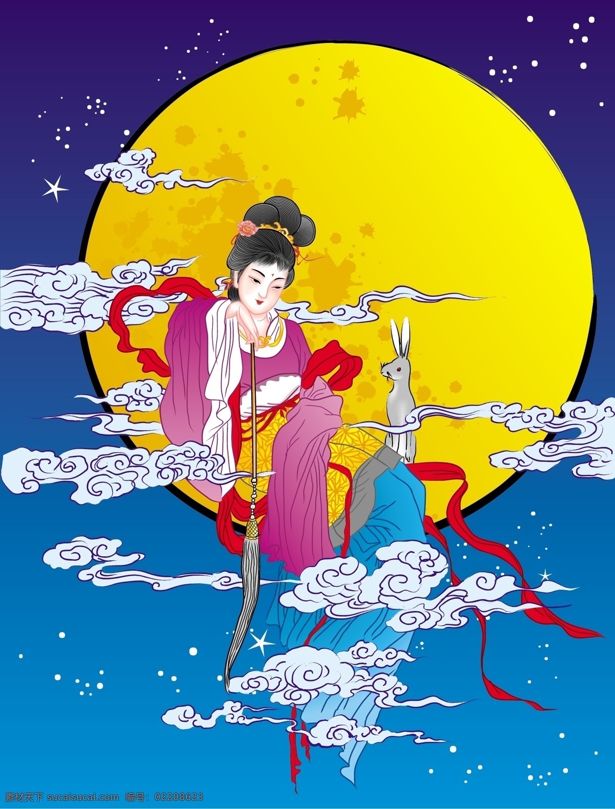 仙女 婵 娥 奔月 彩带 动漫 古代人物 古代衣服 花朵 花纹 美女 人物 兔子 祥云 婵娥奔月 月之仙女 月亮 月饼 矢量图 其他矢量图