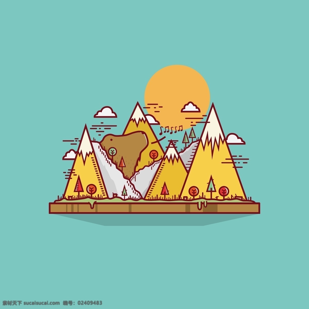 卡通山峰插画 树木 山 风景 音符 太阳 熊 插画 矢量图