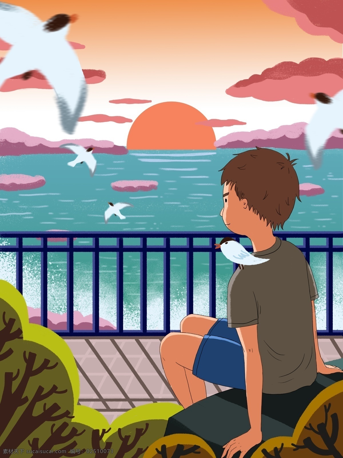 早安 你好 小 男孩 坐在 海边 看 日出 大海 云朵 小清新 壁纸 装饰画 早晨 太阳升起 坐着的小男孩 栏杆 浪花 看日出 海鸥 树 温暖 温馨 手机电脑用图 墙壁挂画 生活方式 情感表达 心情配图 朋友 圈 微 博 图