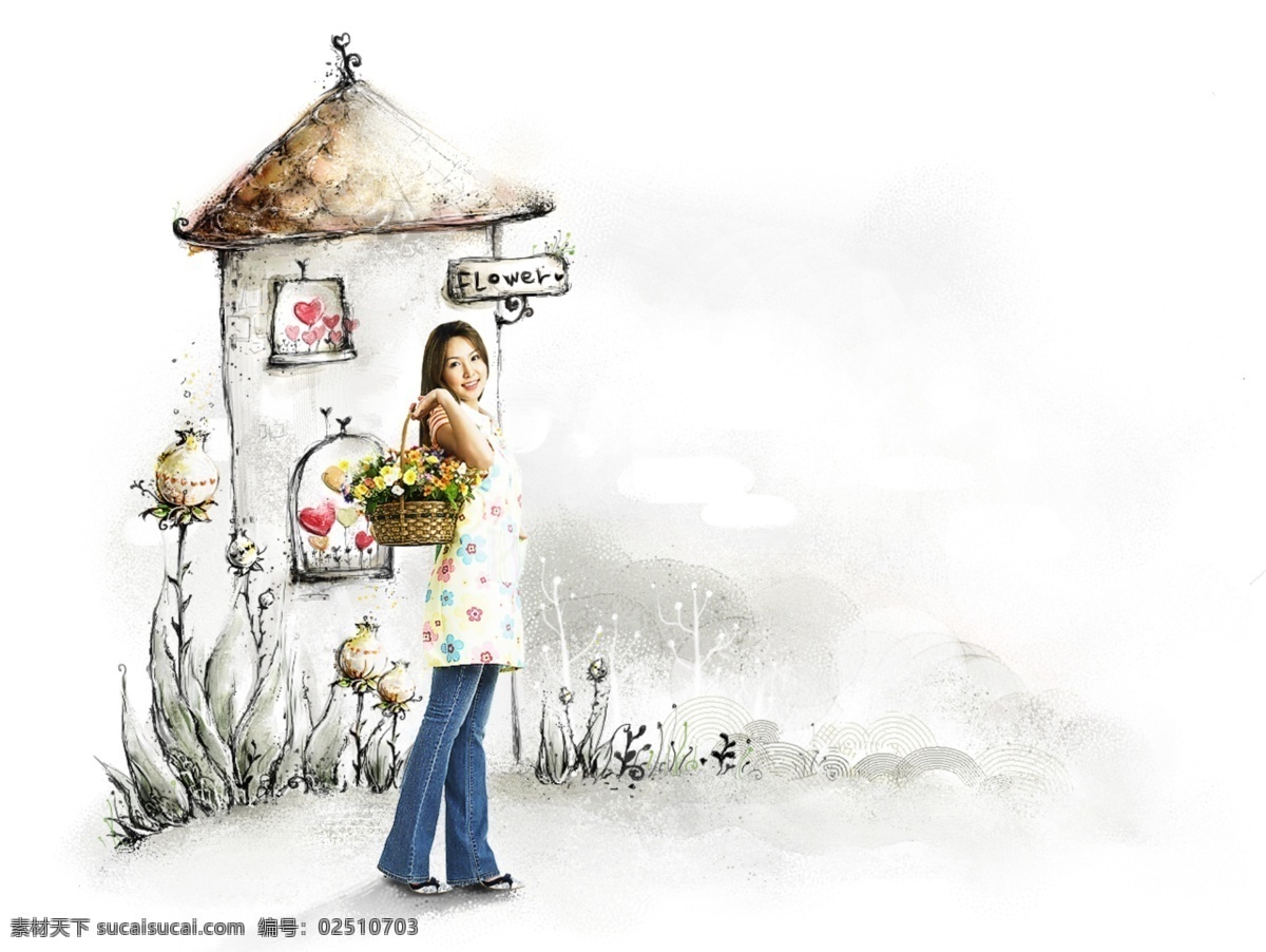 气质 美女 唯美 可爱 卡通 插画 flower 爱心气球 花篮 可爱卡通素材 美丽女人 树藤 唯美插画 艺术字 手绘小屋 psd源文件