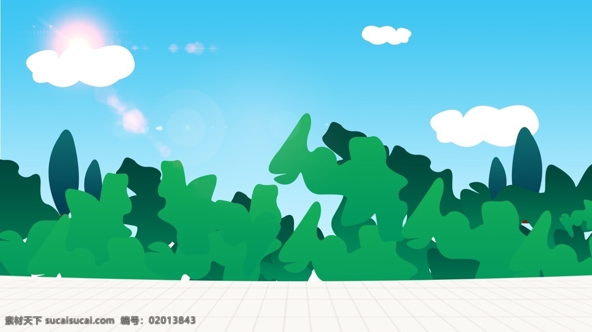 蓝天 树林 背景 绿色 草地 背景素材 小清新 太阳 云朵 色彩背景 背景展板 手绘背景 水彩背景