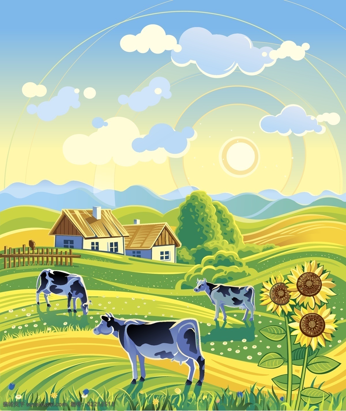 田园 插画 矢量 景观 奶牛 农场 向日葵 矢量图 花纹花边