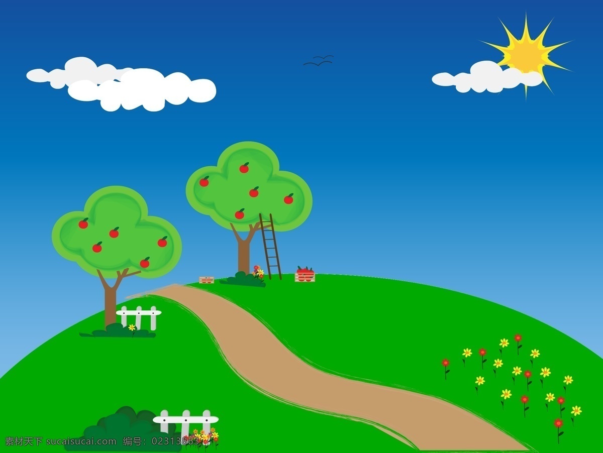 卡通 风格 苹果树 农村 背景 web 创意 高分辨率 接口 免费 病 媒 生物 时尚 原始的 高质量 图形 质量 新鲜的 设计新的 新的 ui元素 hd 元素 详细的 栅栏 阳光灿烂 云 蓝色的天空 psd源文件