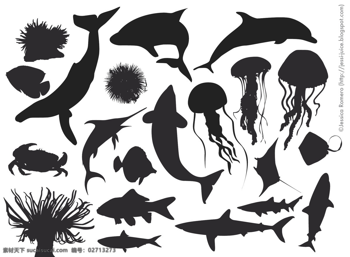 海底 生物 剪影 海藻 鲨鱼 水母等 矢量图 其他矢量图