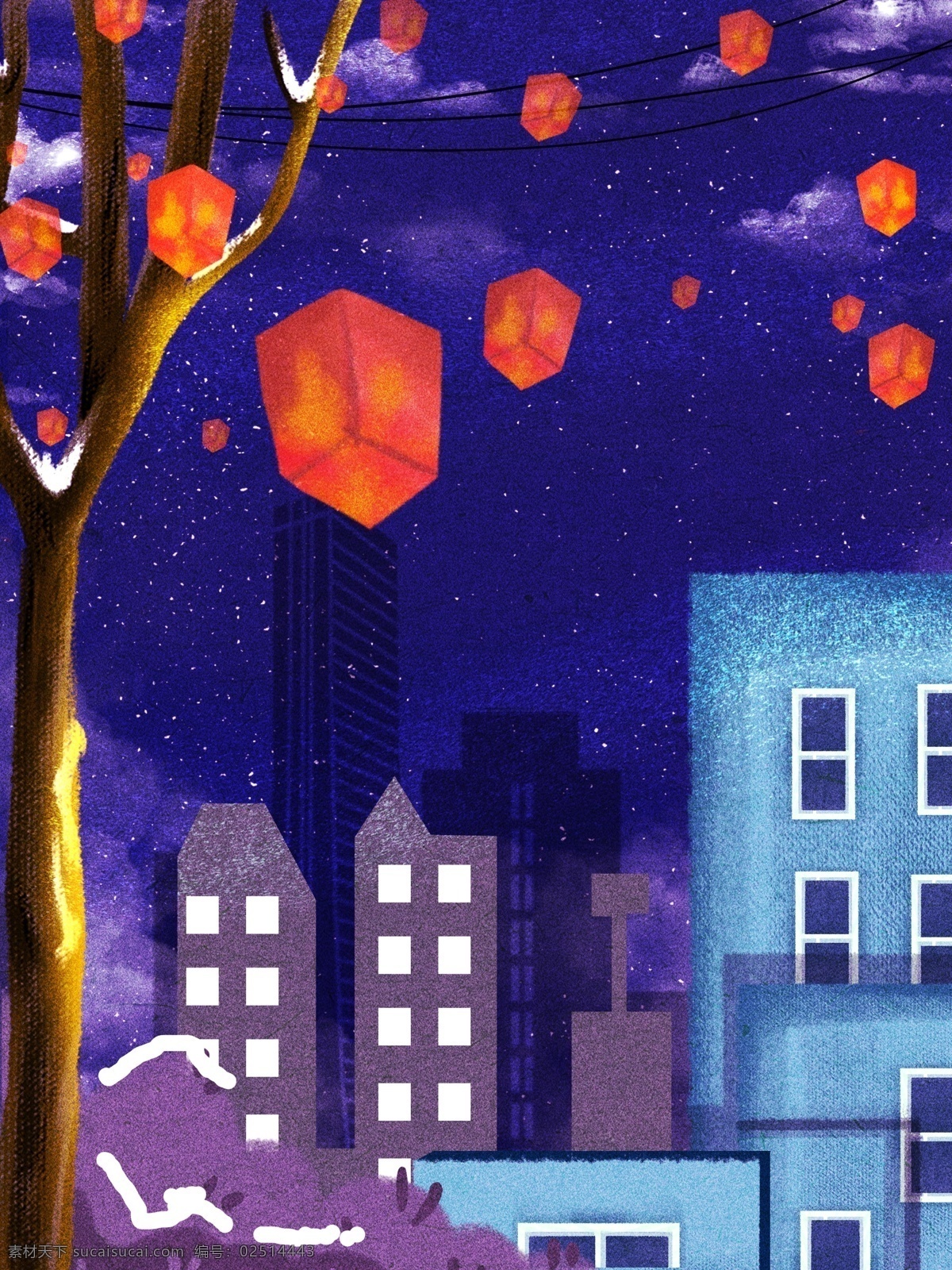 彩绘 2019 新年 孔明灯 背景 星空 紫色 夜景 唯美 建筑 新年背景 愿望 树枝 高楼 新年素材 猪年背景