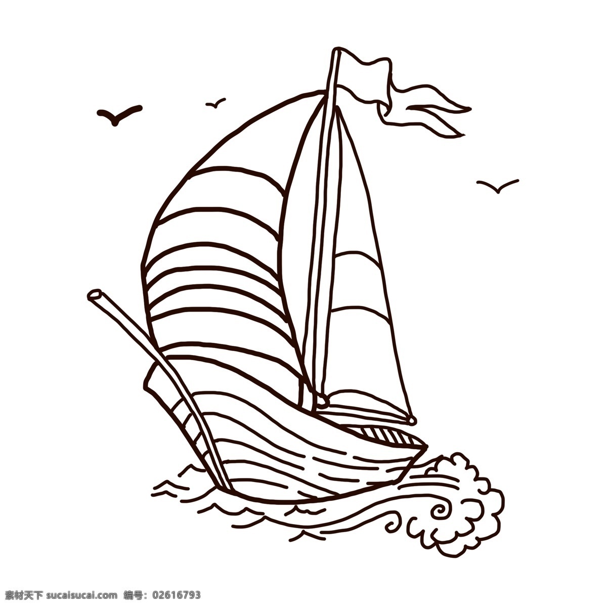 手绘 线条 卡通 帆船 一帆风顺 吉祥 祝福 碧海 蓝天 乘船 船帆 水上设施 交通工具