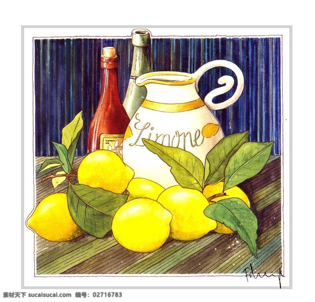 静物装饰画 罐子 瓶子 水果 柠檬 绘画书法 文化艺术