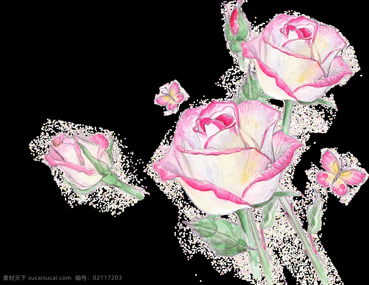 水彩 唯美 卡通 花卉 装饰 图案 玫瑰花 蔷薇 月季 蝴蝶 花苞