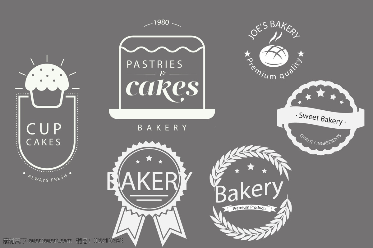 白色 面包店 标志 徽章 英文 标签 蛋糕 甜点 欧美风 咖啡店 食品标志