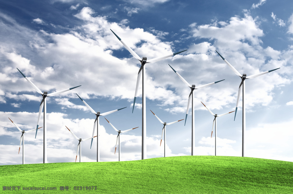 草坪 上 风力 发电 车 绿草 蓝天 白云 风力发电车 风力发电机 山水风景 风景图片