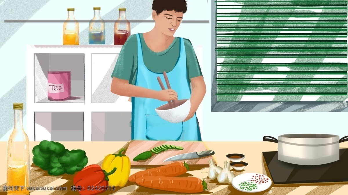 居家 制作 美食 人 场景 插画 男人 厨房 宣传 画册 蔬菜 原创 商业插画 做饭 海报 手机用图 健康饮食 制作美味