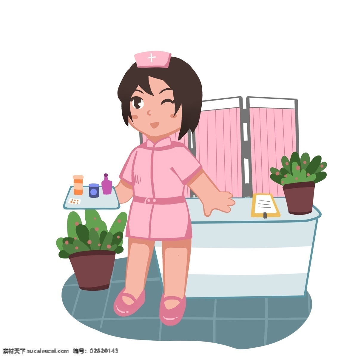 手绘 送 药 护士 插画 医疗 医院 植物 盆栽 手绘护士 药物 护士制服 护士帽子 粉色 医疗插画
