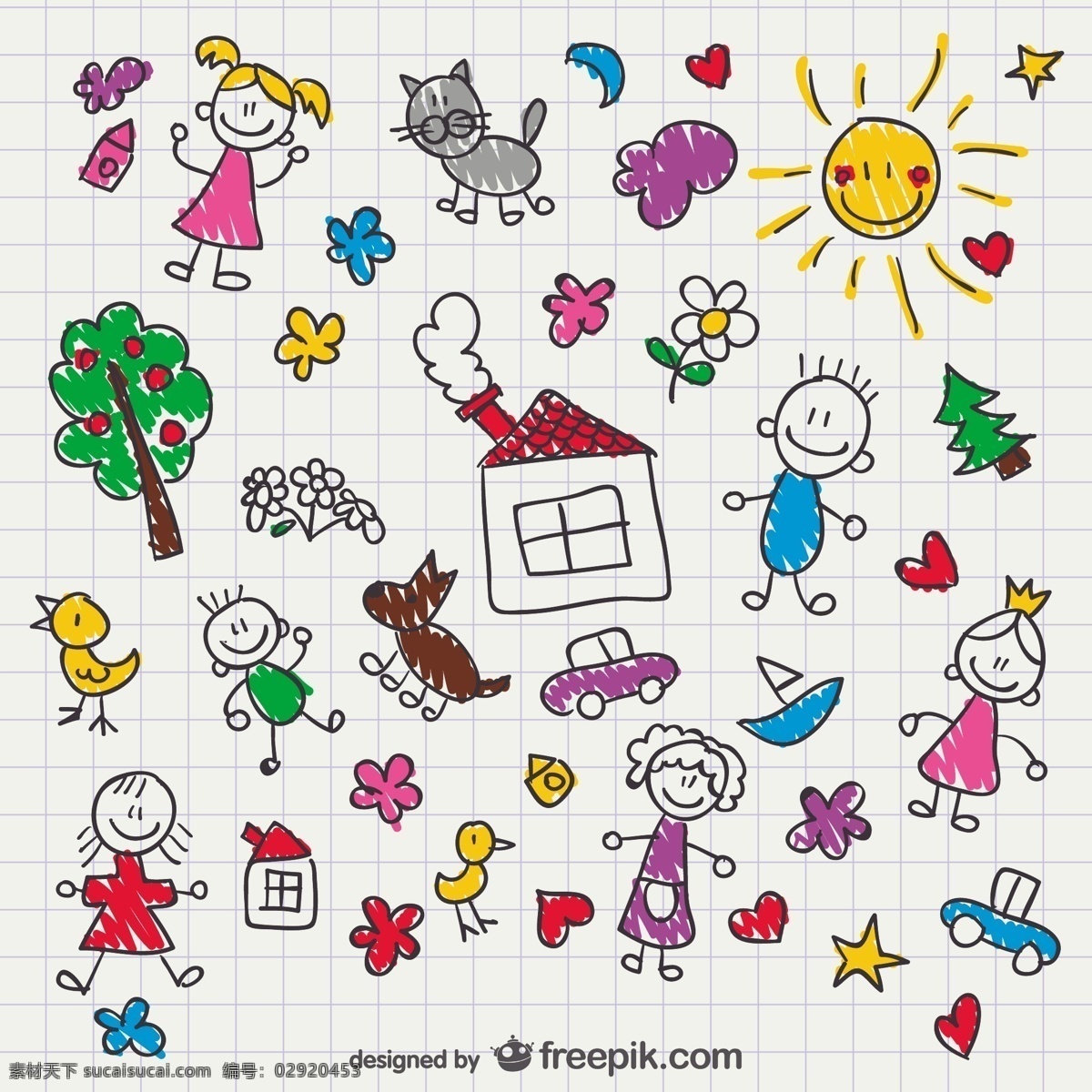 手绘儿童风格 人 房子 一方面 儿童 家庭 阳光 家 猫 线 手工绘制的 快乐的 艺术的 妈妈 可爱的图形 涂鸦 人类 公主 男孩 白色