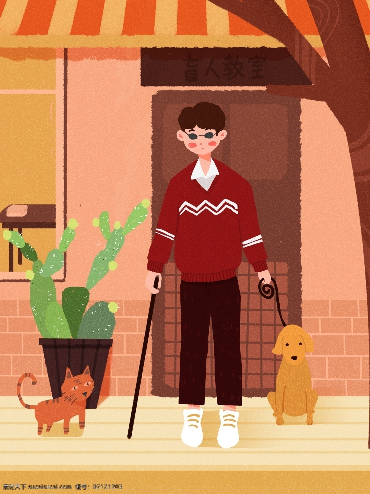 世界 残疾 日 盲人 男孩 课堂 里 走出 插画 原创 暖色系 植物 猫 世界残疾日 可商用 狗