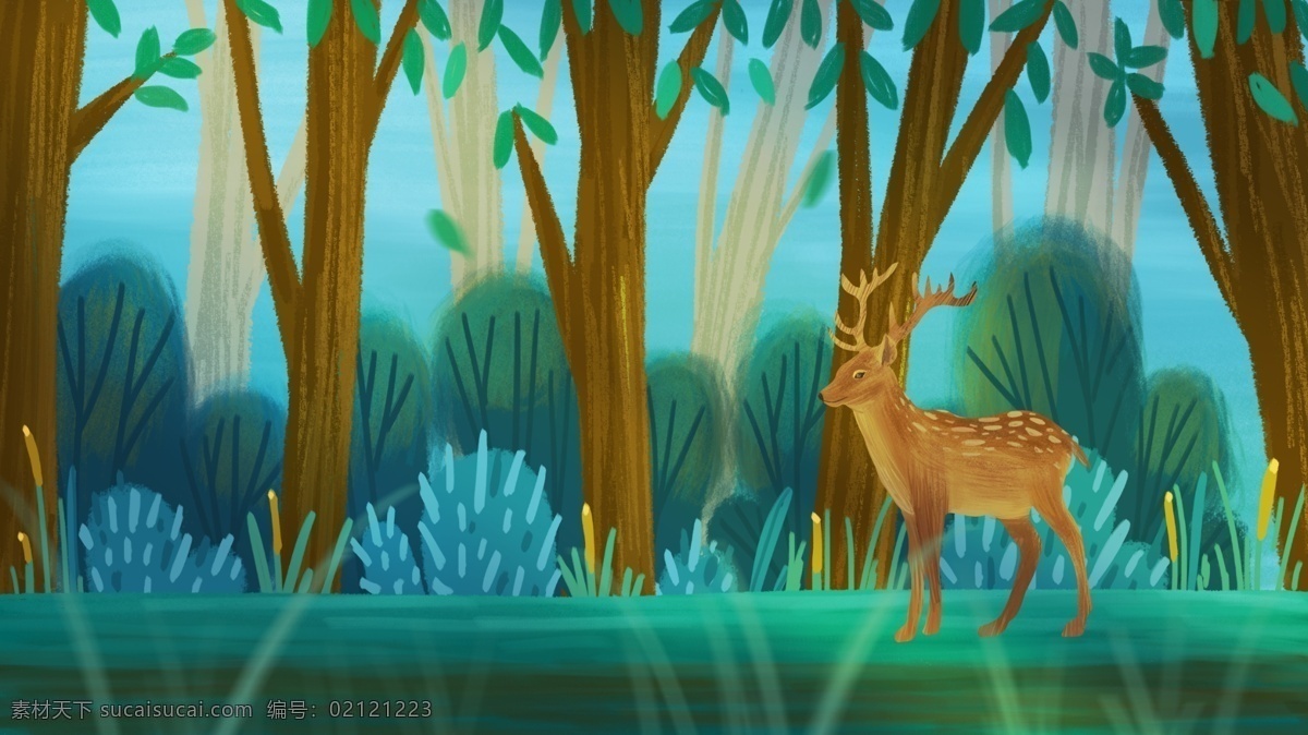 小 清新 治愈 系 森林 中 鹿 手绘 插画 麋鹿 树林 唯美 风景 背景 治愈系鹿插画