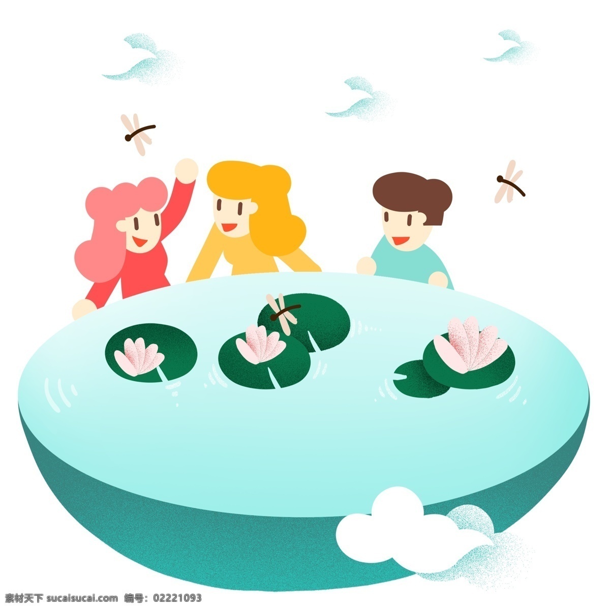 二十四节气 小暑 插画 中国节气 夏天 荷花 荷塘 炎热 凉爽 男孩女孩 小清新 免扣png