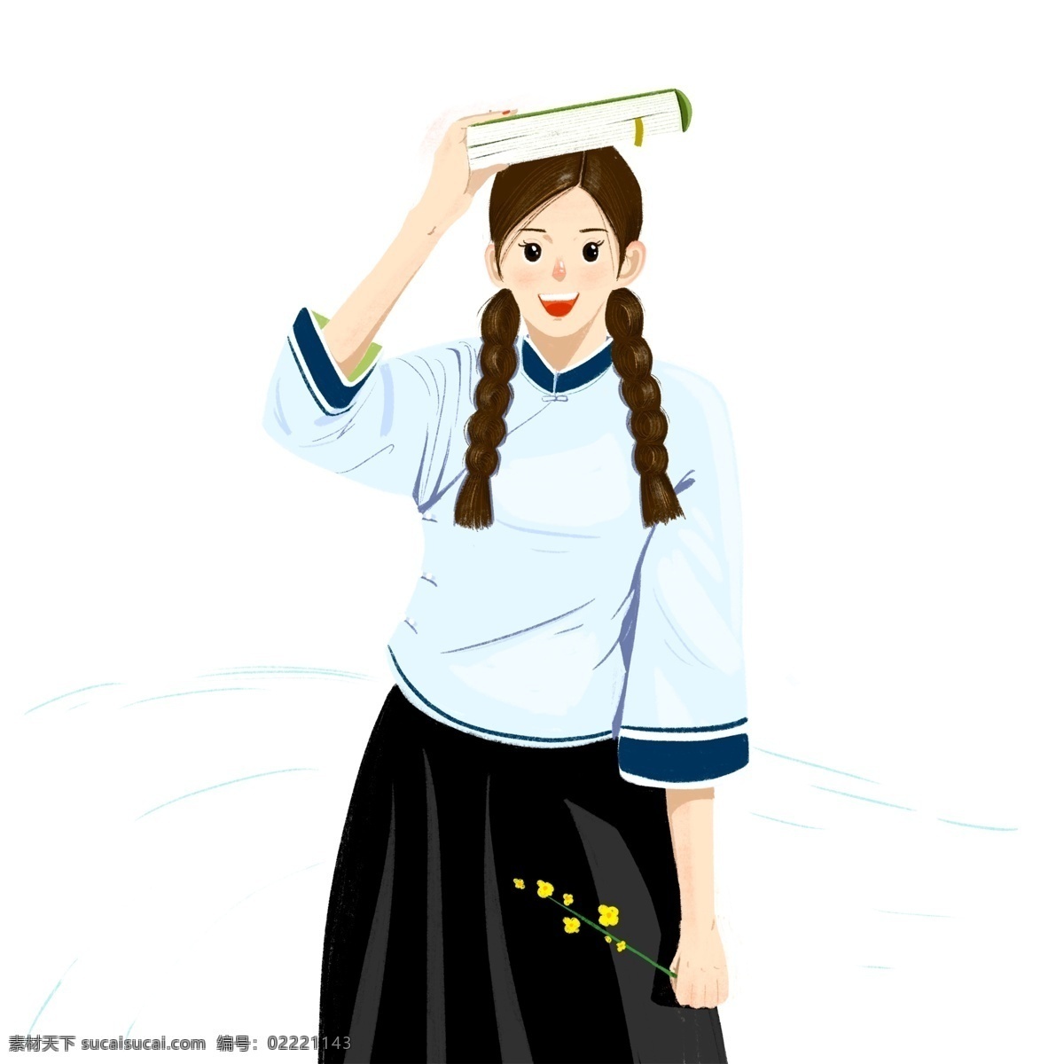 卡通 国民 风 穿着 校服 女 学生 国民风 中国风 插画 女学生 女生 人物 书本