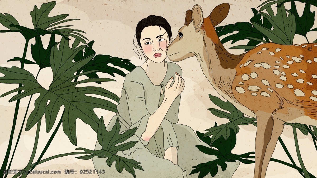 原创 森林 小鹿 遇见 薄荷 少女 森 系 插画 鹿 森系