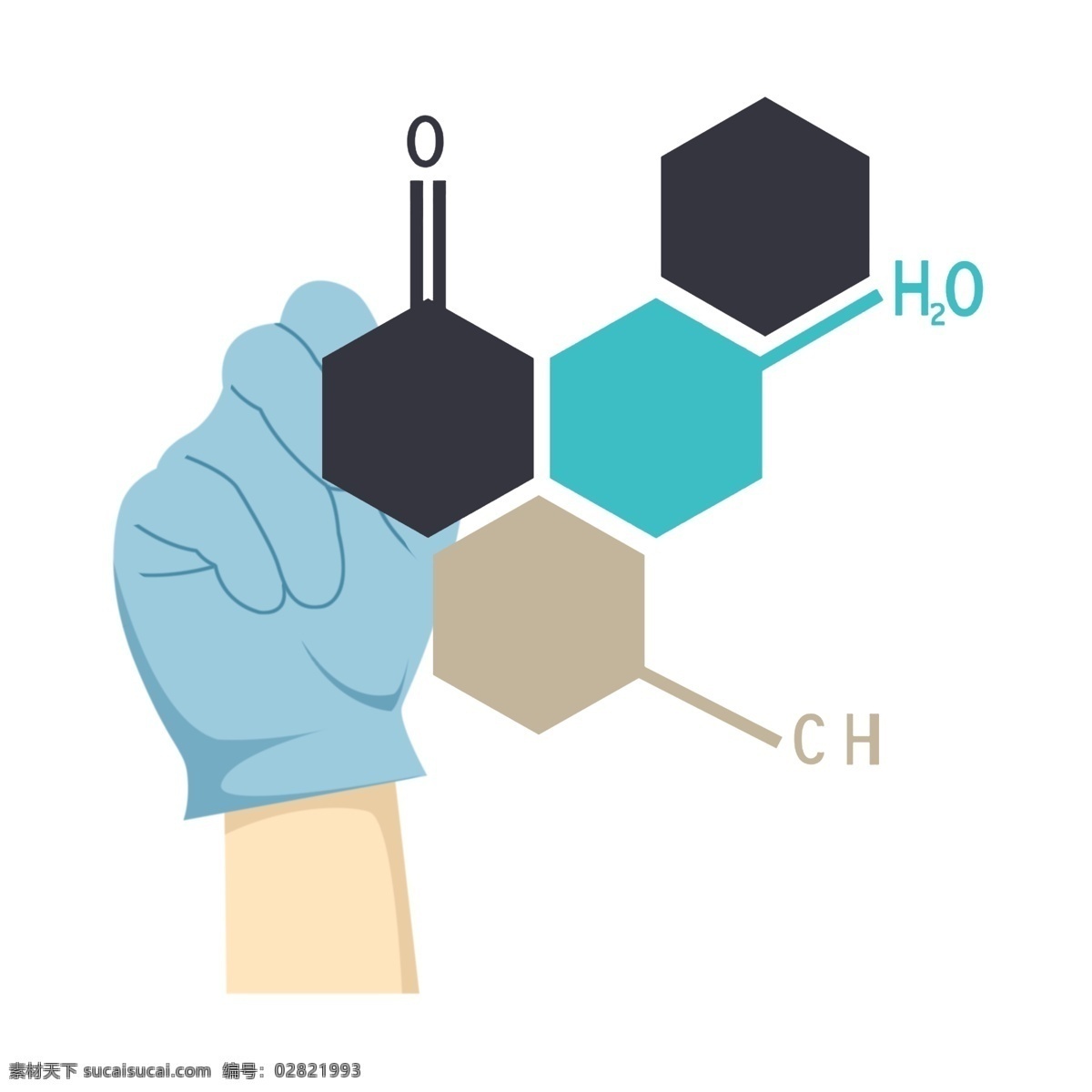 卡通化 学 实验室 插图 化学实用 实验室用品 操作的手 蓝色手套 化学分子 分子图案 化学方程式 科技实验