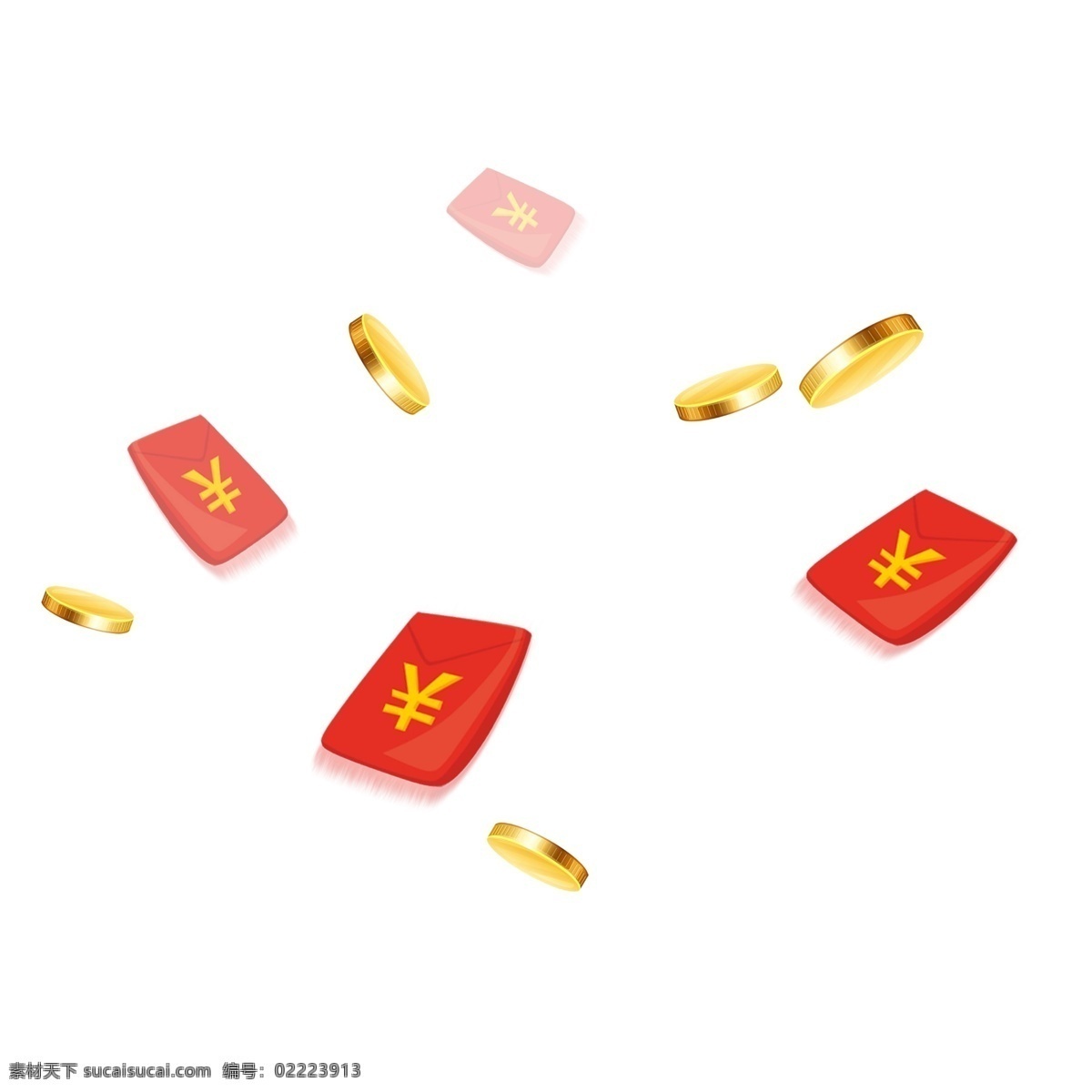 红色 红包 金币 元素 黄色金币 漂浮 奖券 压岁钱 钱 过年 年节装饰 金黄色金币