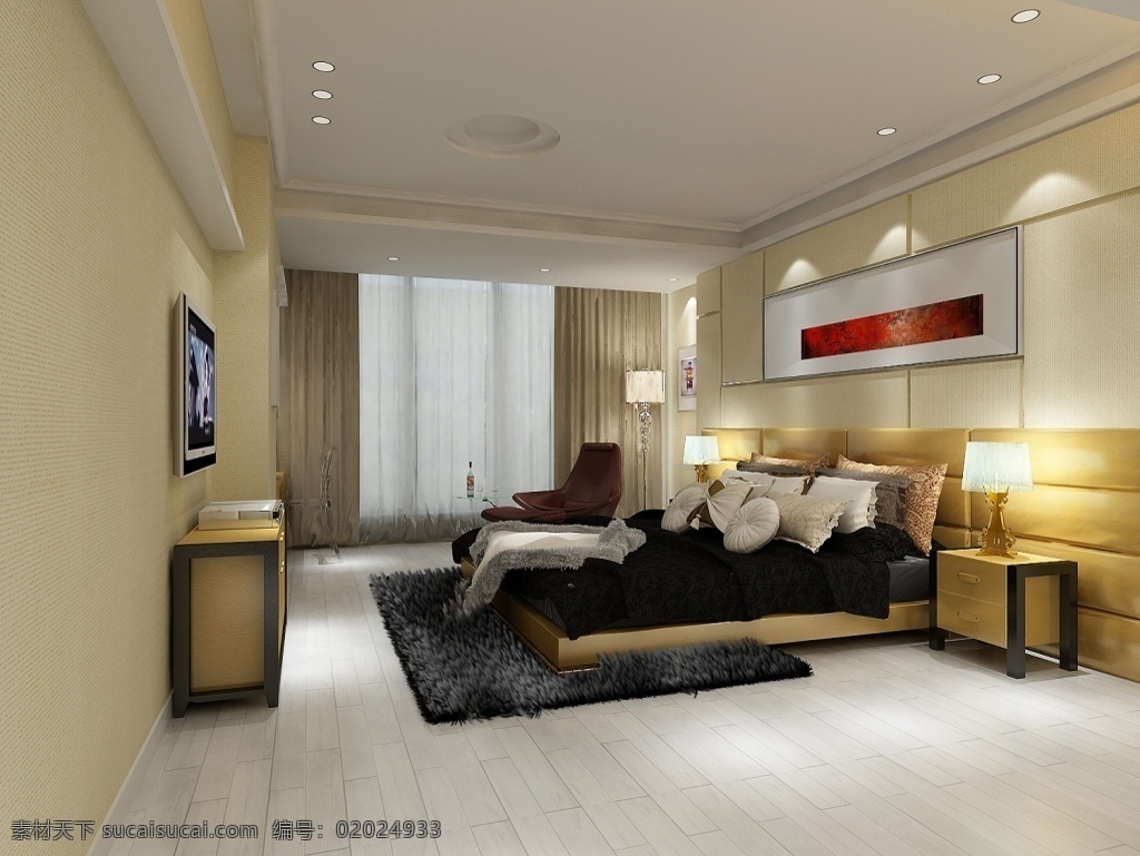 家装 卧室 模型 灯具模型 室内设计 双人床 max 灰色