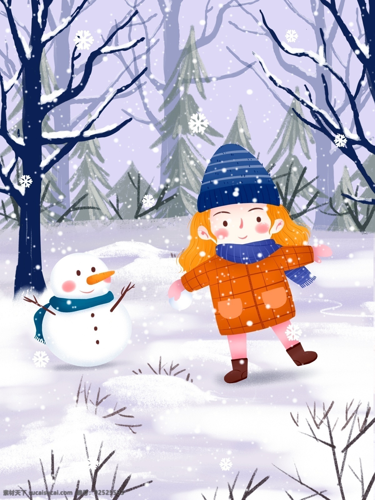 小 清新 冬日 私语 雪人 女孩 插画 冬天 可爱 树林 森林 下雪 简洁 清爽 冬日私语 小雪