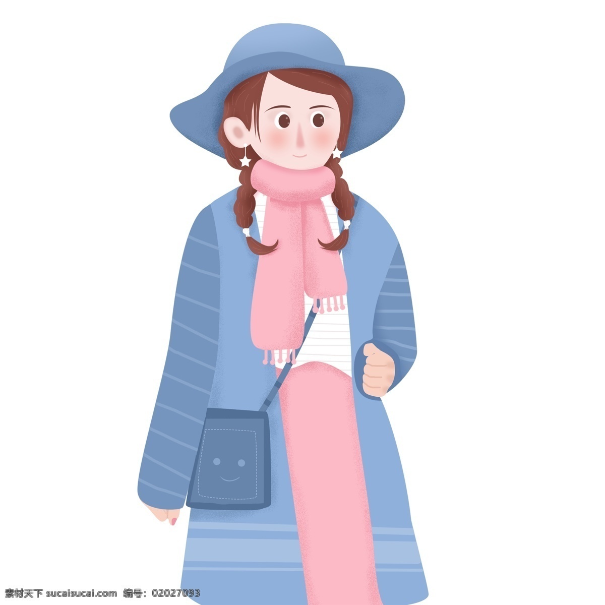 小 清新 冬季 带 蓝色 帽子 穿着 大衣 女孩 小清新 人物 插画 卡通 文艺女生 粉色 围巾 冬天