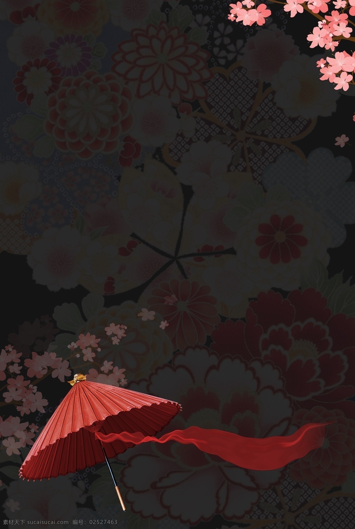 红色 伞 和风 日式 花纹 背景