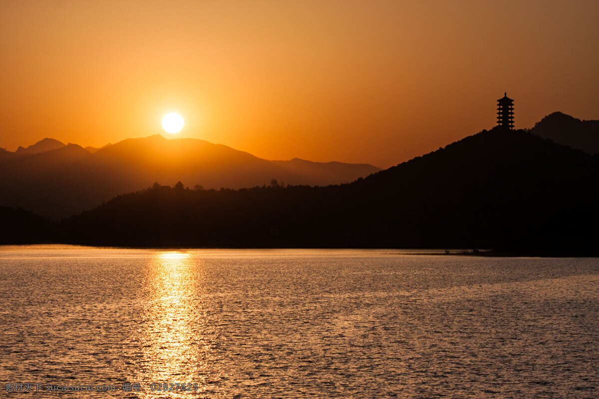 日照金山 湖 日出 日落 山水 塔 山水风景 自然景观