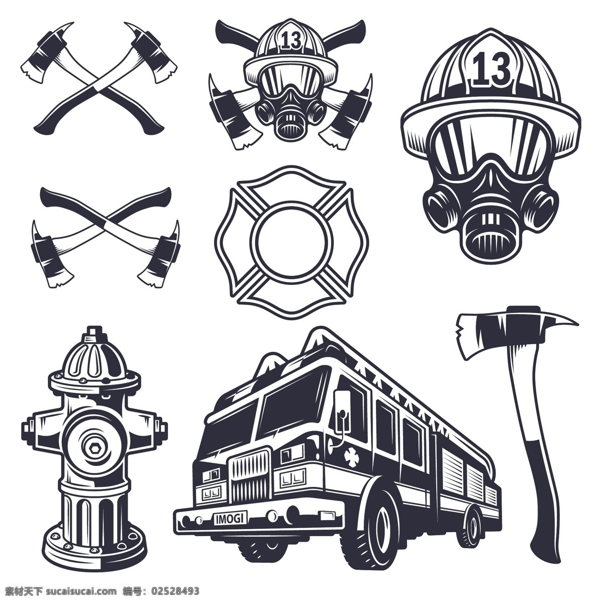 消防救火工具 消防栓 打火 消防车 斧头 防毒面具 徽章 白色